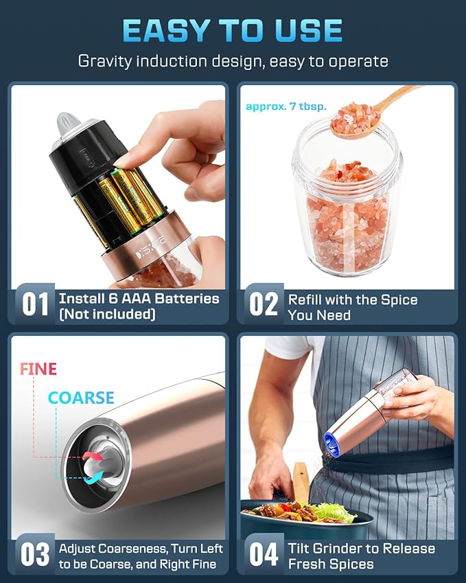 XinXu Gravity Automatic Electric Pepper and Salt Grinder, Auto Salt or Pepper Mill Shaker Stainless Steel,Blue LED Light,One Hand Operated, Copper