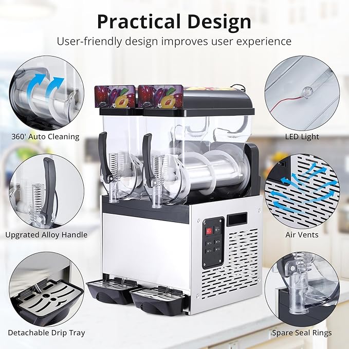 Commercial Slushy Machine, 15L*2 slushy machine for home, 700W Professional cocktail margarita Frozen Drink Maker with Automatic cleaning mode, Stainless Steel Construction, Efficient
