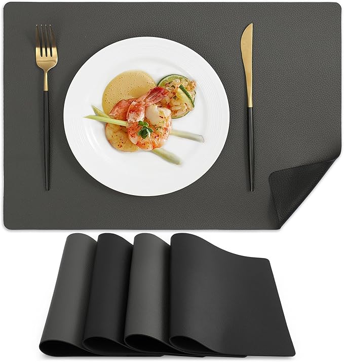 MOSAYT Vinyl Placemats Set of 4, Heat Resistant Place Mats 100% Waterproof Washable & Wipeable Faux Leather Reversible Table Mats for Kitchen Dining Party Indoor Outdoor, 12" x 17", Grey/Black