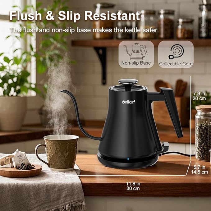 Gooseneck Electric Kettle 0.8L - Matte Black Tea Kettle with Auto Shut Off, Boil-Dry Protection & BPA-Free, Precision Electric Water Kettle for Pour Over Coffee