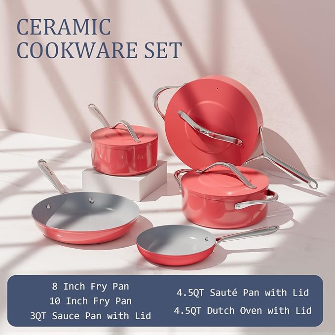 Ceramic Cookware Set Nonstick Pots and Pans Set 8 Pieces Non Toxic PTFE/PFOA/PFAS Free All Cooktops Compatible Even Heat Distribution Oven Safe to 500°F, Fusion Red