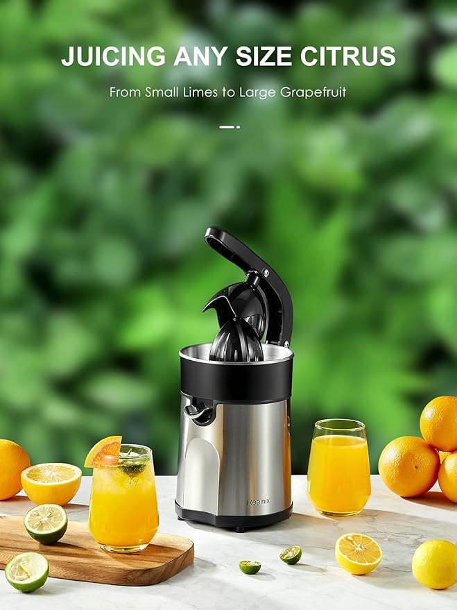 Electric Citrus Juicer Squeezer, Orange Juicer with Two Interchangeable Cones, Suitable for orange, lemon and Grapefruit, Brushed Stainless Steel, Easy to Clean and Use (Black+Silver)