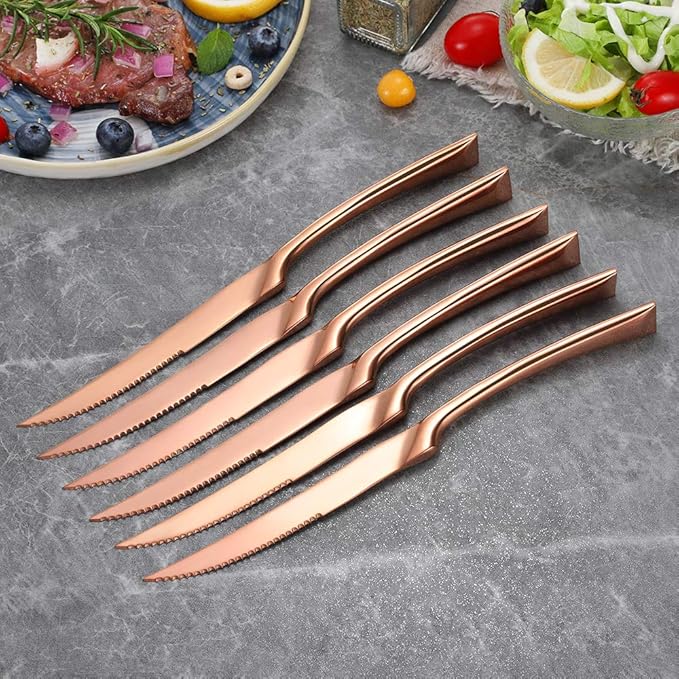 Lemeya Stainless Steel Rose Gold Steak Knives Set of 6,Forge Steak Knife,Serrated Steak Knives Set,6 Piece Heavy Steak Knives-10 inch,Mirror Polished,Dishwasher Safe