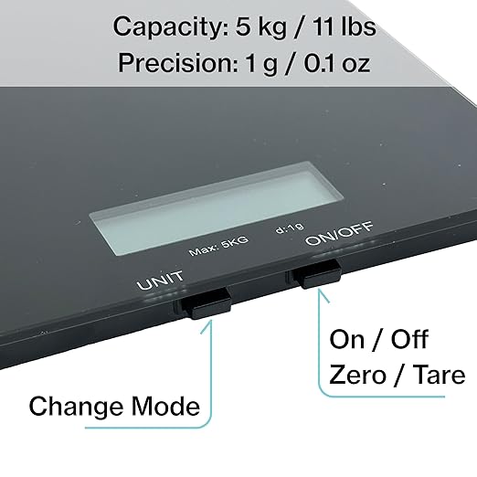 PantryPro Glass Platform Digital Kitchen Scale - 11lbs / 5kg Capacity - LCD Display g kg oz lb fl.oz ml - CR2032 Battery Included - Black