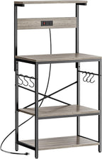 SUPERJARE Kitchen Bakers Rack with Power Outlet, Coffee Bar Table 4 Tiers, Kitchen Microwave Stand with 6 S-Shaped Hooks, Kitchen Storage Shelf Rack for Spices, Pots and Pans - Greige