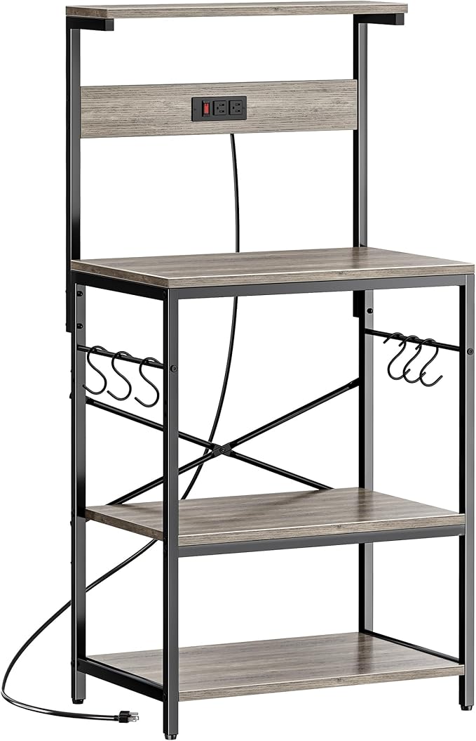 SUPERJARE Kitchen Bakers Rack with Power Outlet, Coffee Bar Table 4 Tiers, Kitchen Microwave Stand with 6 S-Shaped Hooks, Kitchen Storage Shelf Rack for Spices, Pots and Pans - Greige