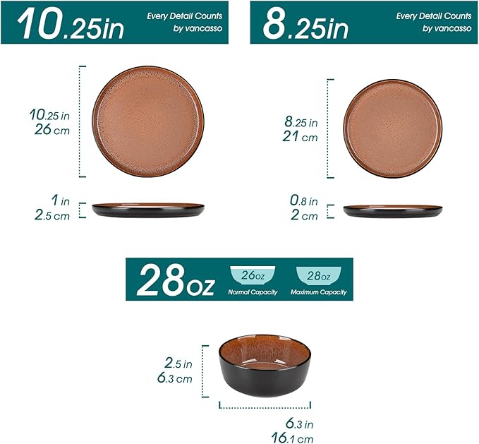 vancasso Plates and Bowls Sets, 24 Pieces Stoneware Dinnerware Sets for 8, Kitchen Dish Set Mircowave and Dishwasher Safe Dinner Set Ceramic Dishware, Brown, Series AMBER