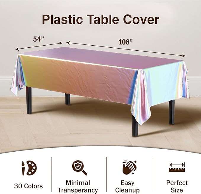 Exquisite Party Solids 12-Pack - Premium Plastic Tablecloth 54in. x 108in. Rectangle Table Cover - Iridescent