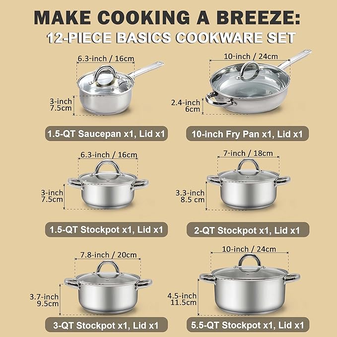Cook N Home Kitchen Cookware Sets, 12-Piece Basic Stainless Steel Pots and Pans, Silver