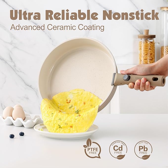 SENSARTE 24 Piece Ceramic Pots and Pans Set, Nonstick Detachable Handle Cookware, Induction Cookware Set with Removable Handle, Healthy Non Stick for RV, Dishwasher＆Oven Safe, PFOA Free (Almond Beige)