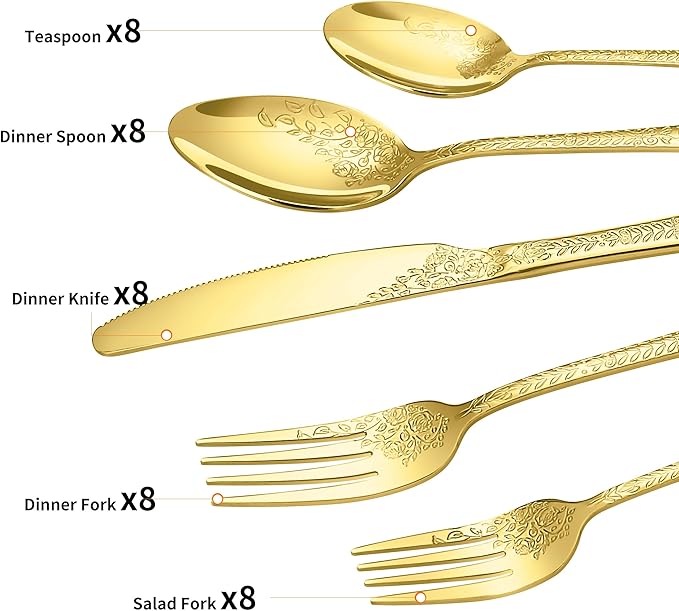 Floral 40 Pcs Gold Silverware Set for 8, Food Grade Stainless Steel Flatware Set with Rose Flower Embossed Design, Eating Utensils Sets Include Fork/Knife/Spoon, Reusable Cutlery Set, Dishwasher Safe