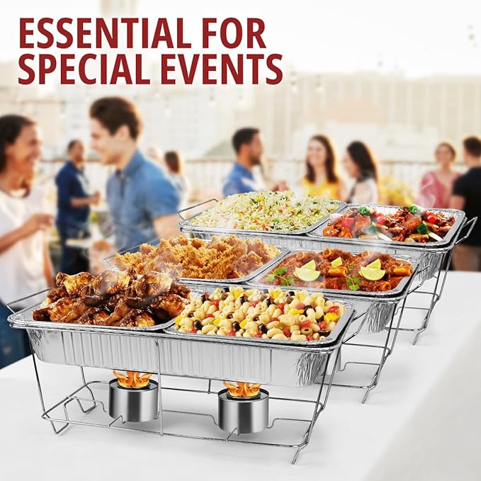 Disposable Chafing Dish Buffet Set, 33 Piece of Chafing Servers with Food Warmers, Covers, Half-Size Food Pans, Water Trays, Serving Utensils, Foil Lids and 4Hr Fuel Cans for Parties, Catering
