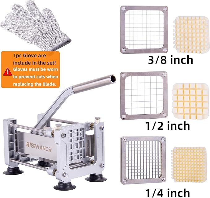 Rismonar French Fry Cutter Stainless Steel Potato Slicer With 1/2in 1/4in 3/8in Blade for Carrots Cucumbers Vegetables (Silver, Machine + 1/2 & 1/4 & 3/8)