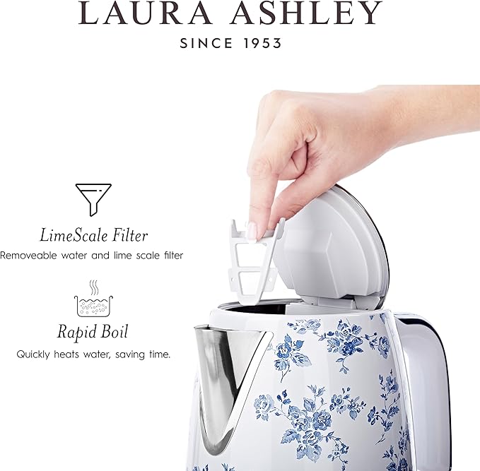 Laura Ashley Stainless Steel Electric Kettle 1.7 Liter - 1500W Rapid Boil Electric Kettles for Boiling Water - Electric Tea Kettles Automatic Shut Off - Overheat & Boil Dry Protection Jug Kettle