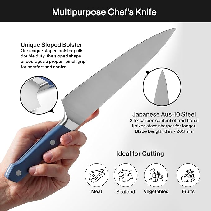Misen 8" Chef Knife – High Carbon Japanese AUS-10 Stainless Steel – Hybrid German & Japanese Blade – Precision Kitchen Knife for Professionals & Home Cooks – Ultimate Cutting Performance - Blue