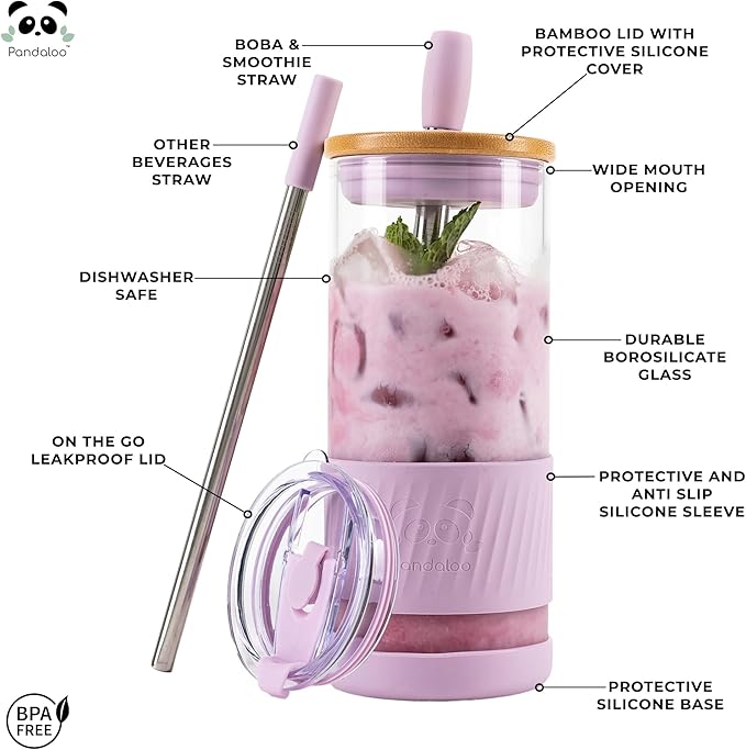 Pandaloo® Glass Cups With Lids and Straws -20 Fl Oz- Perfect Size Iced Coffee Cup - Smoothie Cup With Bamboo Lid and On the go Lid - Glass Tumbler (2 Count (Pack of 1), Lilac Rhapsody-Lilac Rhapsody)