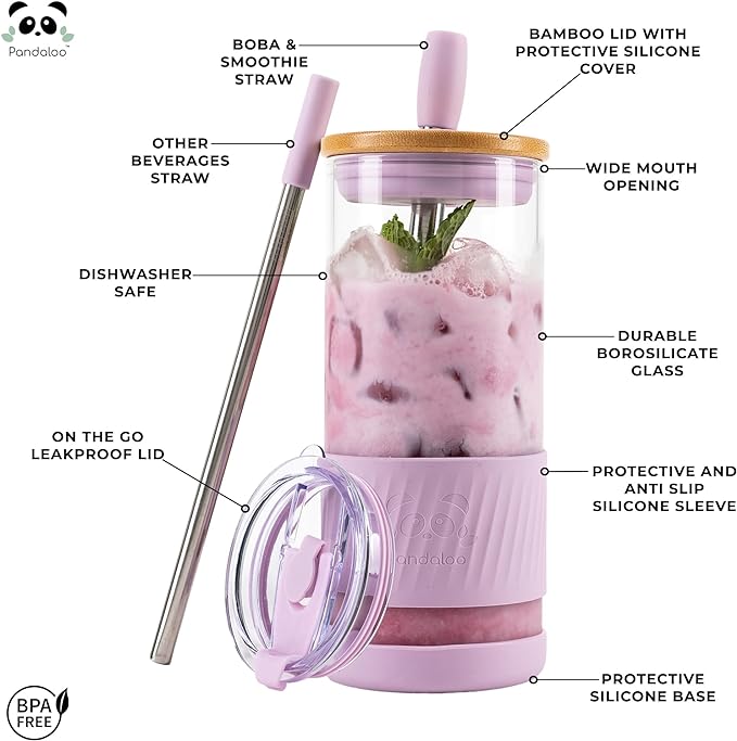 Pandaloo® Glass Cups With Lids and Straws -20 Fl Oz- Perfect Size Iced Coffee Cup - Smoothie Cup With Bamboo Lid and On the go Lid - Glass Tumbler With Straw (1 Count (Pack of 1), Lilac Rhapsody)