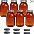 6 Pack 32 oz Amber Mason Jars, Regular Mouth Mason Jars with Lids and Bands and 6 Black Plastic Mason Jar Lids