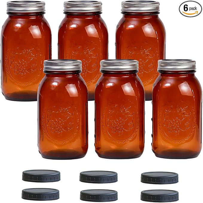 6 Pack 32 oz Amber Mason Jars, Regular Mouth Mason Jars with Lids and Bands and 6 Black Plastic Mason Jar Lids
