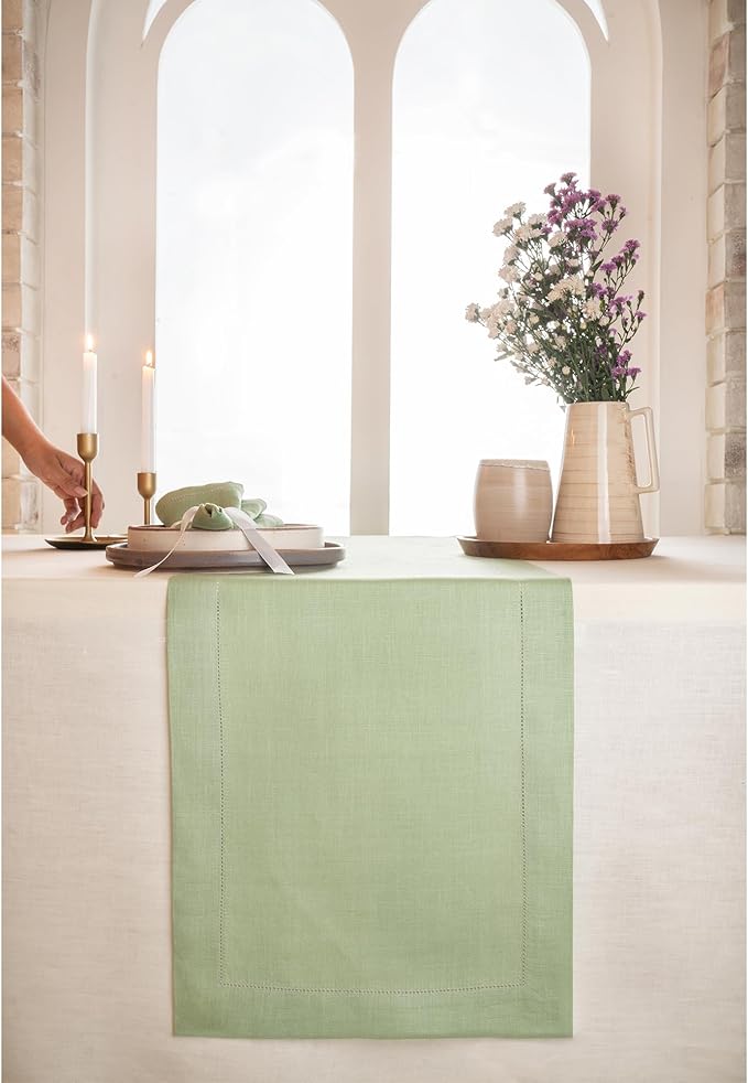 D'Moksha Homes Linen Sage Green Table Runner 84 Inches Long - 100% Pure Linen Table Runner 14 x 84 Inch for Summer, Fall and Halloween - Classic Hemstitch