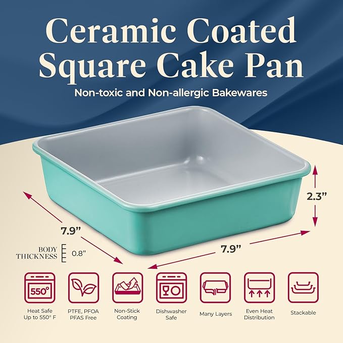 BAKKENMASTER Square Cake Pan - Aluminized Steel, Ceramic Non-Stick Coating, Non-Toxic, Ideal Size, Heavy-Duty, Elevate Your Baking with Durability and Style!
