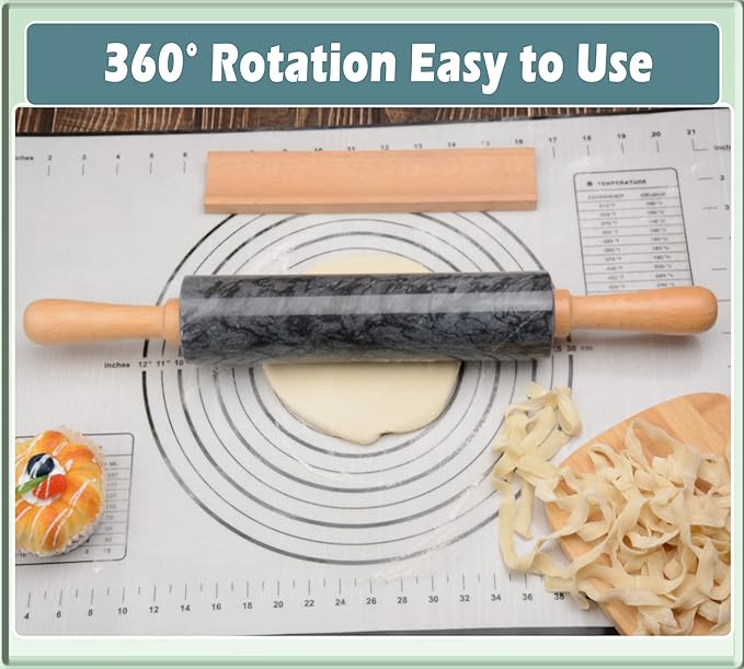 Marble Rolling Pin with Wooden Cradle Thick Handle Set for Baking,18.5 inch Premium Quality Polished Roller for Pizza Dough,Fondant,Pie Crust,Non-Stick Surface Easy to Clean(Black)