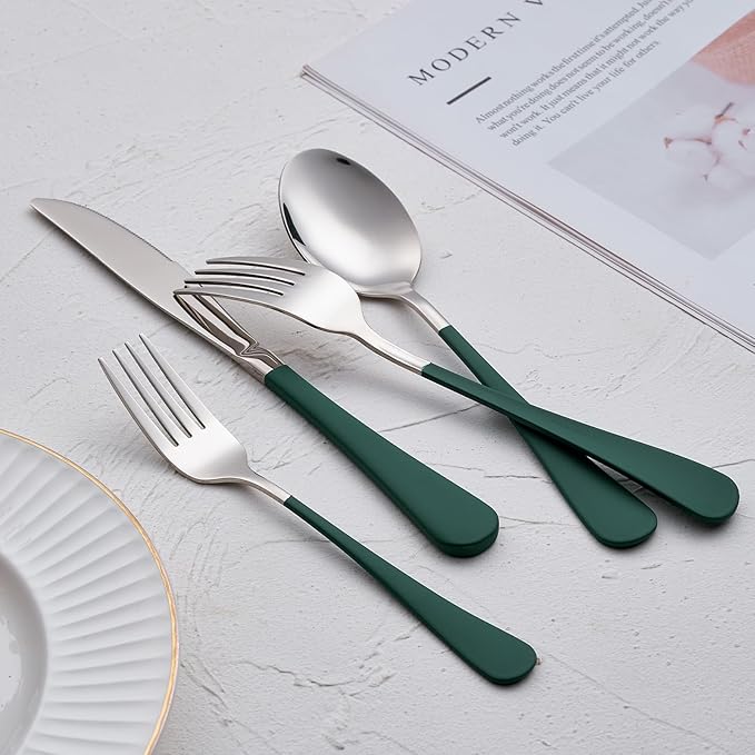 20-Piece Green Silverware Set 18/0 Stainless Steel Flatware Green Handle Cutlery Set Service for 4 Dinner Knives Forks Spoons Set Mirror Finish Dishwasher Safe