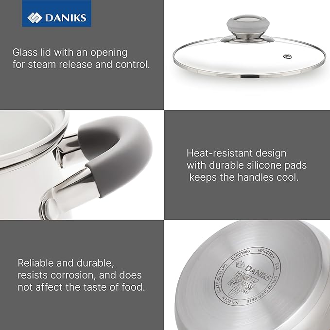 Daniks Modern 2 Quart Stainless Steel Stock Pot with Glass Lid, Tri-Ply Bottom for Even Heating, Induction Compatible, Dishwasher Safe, Heatproof Handles