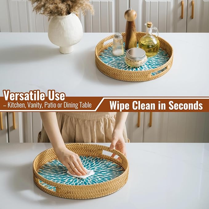 13.8 in Round Rattan Serving Tray with Handle, Mother of Pearl Inlay Wooden Base, Decorative Wicker for Table, Kitchen Island & Home Decor (Blue Leaf)