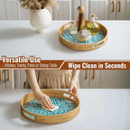 13.8 in Round Rattan Serving Tray with Handle, Mother of Pearl Inlay Wooden Base, Decorative Wicker for Table, Kitchen Island & Home Decor (Blue Leaf)