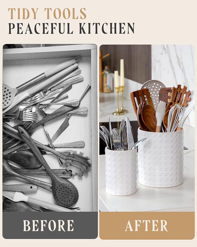 Utensil Holder - 7.2"+5.4" Ceramic Utensil Holder for Kitchen Counter, Large Utensil Crock Flatware Organizer Spatula Holder for Counter, Farmhouse Embossed Vase for Housewarming, Home & Kitchen Decor