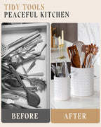 Utensil Holder - 7.2"+5.4" Ceramic Utensil Holder for Kitchen Counter, Large Utensil Crock Flatware Organizer Spatula Holder for Counter, Farmhouse Embossed Vase for Housewarming, Home & Kitchen Decor