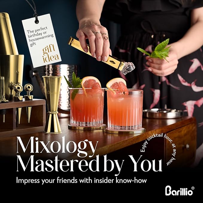 Barillio Gold Bartender Kit – 23-Piece Stainless-Steel Cocktail Shaker Set with Premium Acacia Stand | Martini Barware Mixing Tools for Home Bartending | Gift Set