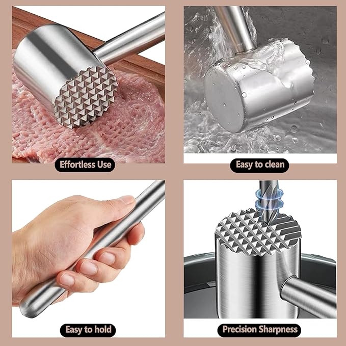 304 Stainless Steel Meat Tenderizer Mallet - Dual-Sided Heavy Duty Kitchen Hammer for Tenderizing & Flattening Steak, Beef, Chicken, Fish & Nuts, Dishwasher Safe with Ergonomic Grip (sliver)