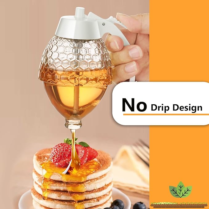 Honey Dispenser, 8oz Honey Dispenser No Drip Glass with Stand, Honey Container & Coffee Syrup Dispenser for Tea Time & Gifting, Elegant Honeycomb Honey Jar - Honey Pot Bottle for Maple Syrup Bee