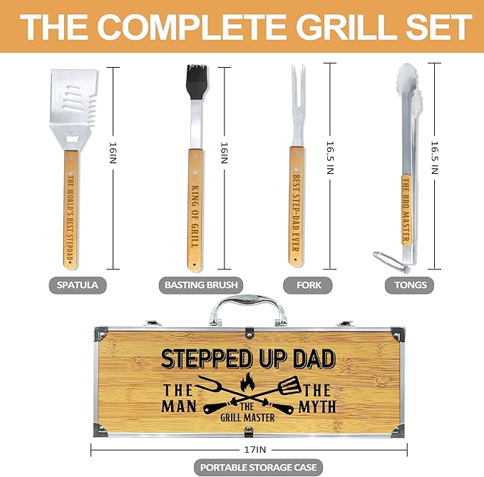 Step Dad Gifts from Daughter Fathers Day Heavy Duty Wooden BBQ Grilling Accessories Kit for Backyard, Thick Stainless Steel Grill Utensils with Non-Slip Handle Tools in Portable Bag Birthday