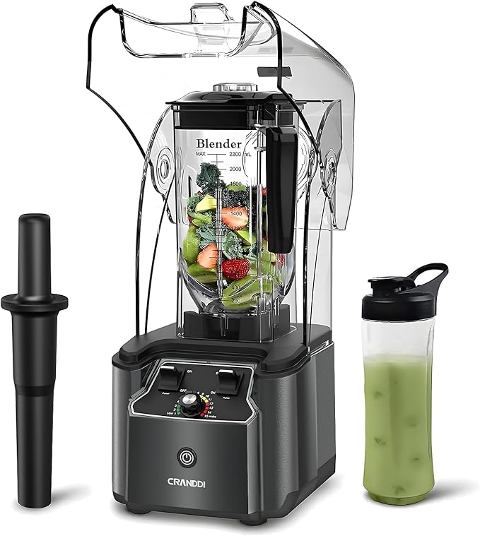 CRANDDI Quiet Commercial Blender with Soundproof Shield, 2200 Watt Professional Blenders for Kitchen with 80oz Pitcher and Self-Cleaning, High-Speed Blenders K90 Grey