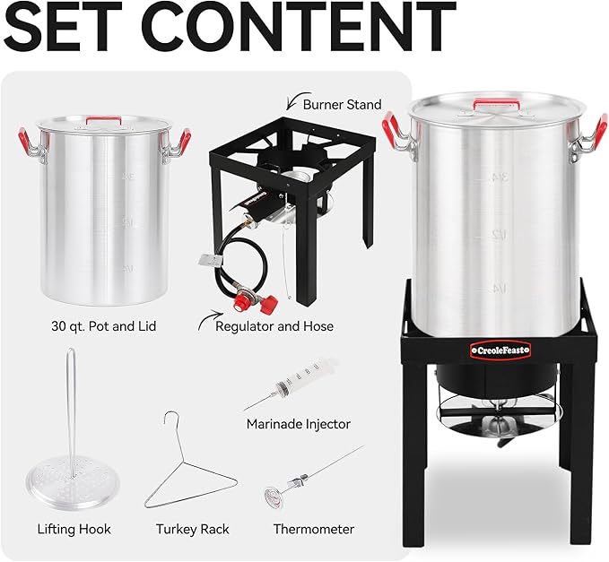 CreoleFeast Aluminum 30 Qt. Turkey Fryer Pot Set, 50,000 BTU Propane Turkey Fryer Burner for Outdoor Cooking, TFS3000L
