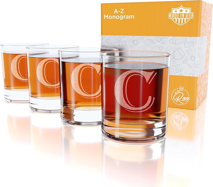 On The Rox Drinks (C-Monogram) - 4 Piece Set of 11 Ounce Engraved Heavy Base Rocks Glasses Elegant Glass-Multi-Purpose Beverage-Rocks Glass- Gift for any Occasion