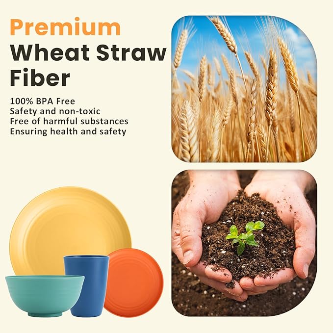 Homienly Dinnerware Set 32-Piece Wheat Straw Dinnerware Sets Unbreakable Reusable Dinnerware Set Kitchen Cups Plates and Bowls Sets, Microwave and Dishwasher Safe Dishes for Camping, Outdoor-Colorful