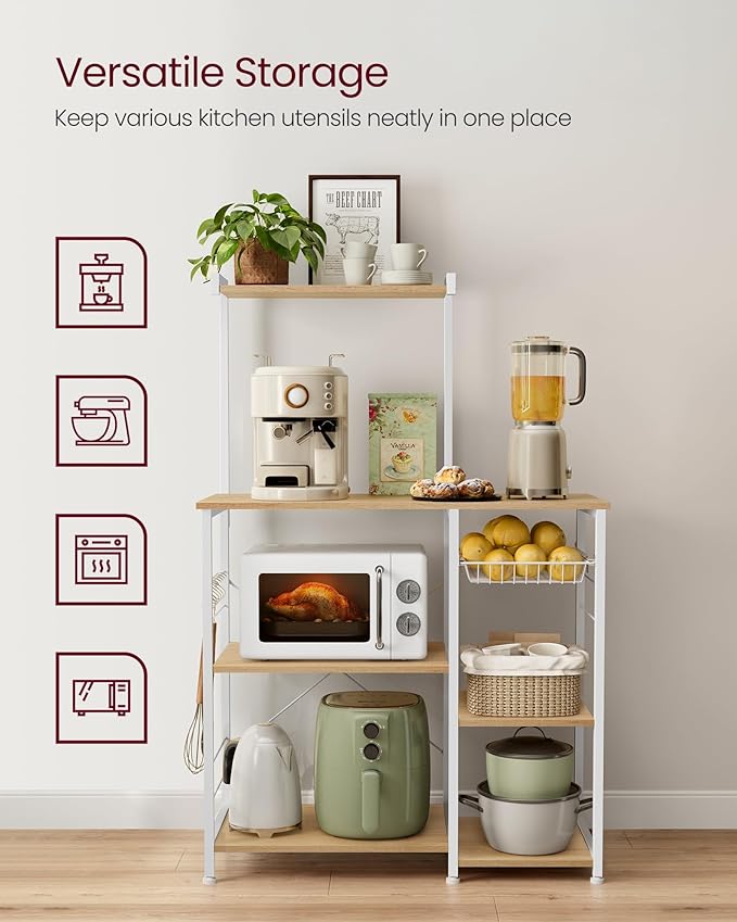 VASAGLE Baker's Rack, Microwave Stand, Kitchen Storage Rack with Wire Basket, 6 Hooks, and Shelves, for Spices, Pots, and Pans, Golden Oak and Cloud White UKKS035W09