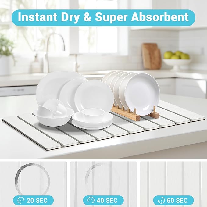2Pack Stone Dish Drying Mats for Kitchen Counter, Quick Dry Absorbent Diatomite Sink Tray, Foldable Non Slip Dish Rack Mat for Dishes Cups, Perfect for Kitchen Bathroom White (23"x15.3" & 8.2"x4")