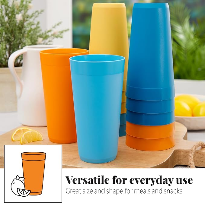 US Acrylic Newport 32 ounce Unbreakable Plastic Stackable Iced-Tea Tumblers in 4 Sunrise Colors | Set of 12 Drinking Cups | Reusable, BPA-free, Made in the USA, Top-rack Dishwasher and Microwave Safe