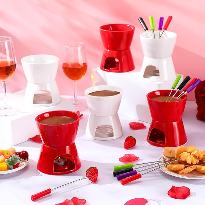 Mudder 6 Pieces Fondue Mug Ceramic Pot and 24 Pieces Forks Set for Melting Chocolate, Cheese, Broth or Tapas on Christmas Gift Valentine's Day(Red and White)
