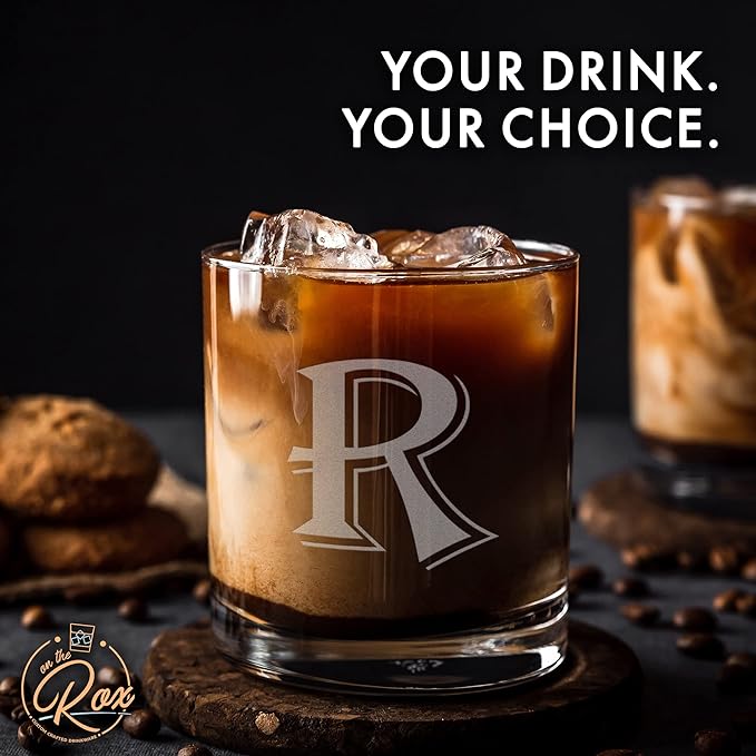 On The Rox Drinks (R-Monogram)- 4 Piece Set of 11 Ounce Engraved Heavy Base Rocks Glasses Elegant Glass-Multi-Purpose Beverage-Rocks Glass- Gift for any Occasion