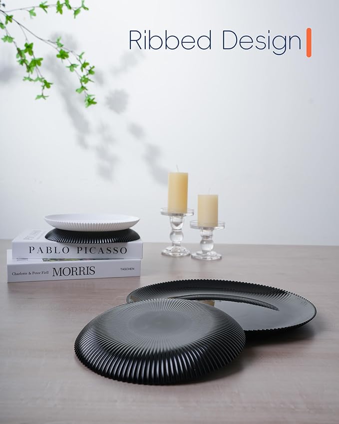 7.5 inch Ribbed Salad Appetizer Plate Set of 6, Opal Glass Round Small Black Plates for Dessert, Kitchen, Dishwasher and Microwave Safe