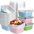Aoriher 150 Pieces 10 oz Mini Cake Pans with Lids Aluminum Foil Baking Cups Square Disposable 4" x 4" Large Cupcake Cups Baking Tins for Kitchen Brownie Pudding Desserts Holders(Pink Blue Green)