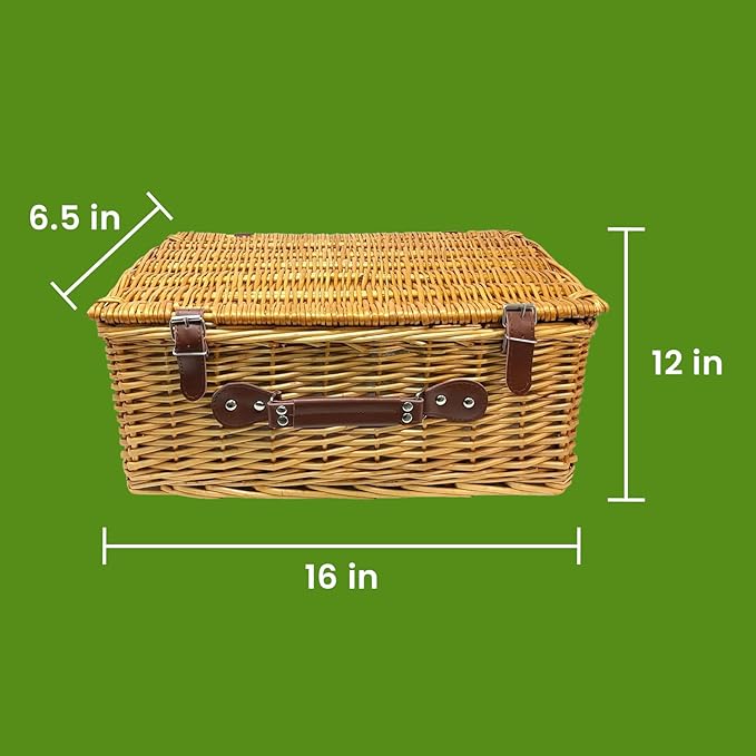Nature Gear Picnic Basket, Wicker Basket with Handle for Outdoors, Insulated Woven Basket, Includes a Service Kit of Dinnerware & Wine Glasses, Picnic Basket Set for 4, Red & White