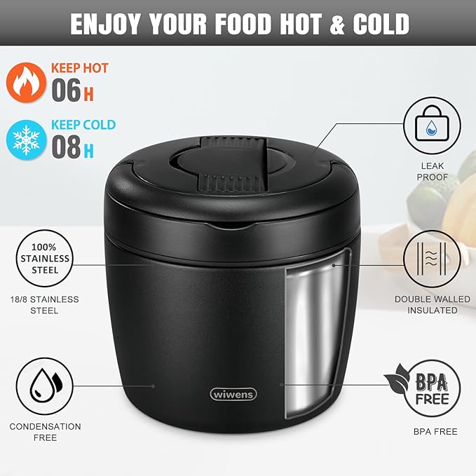 Thermo Food Jar for Hot Food Adults 32OZ Soup Thermo Lunch Containers Wide Mouth Vacuum Insulated Stainless Steel Leakproof Bento Box with Spoon (Black)