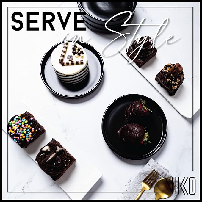 Vikko Dessert Plate, Set of 4 Elegant Dessert Plates with Rim, Black, Porcelain, Stackable 6 Inch Dessert Plates, Dishwasher Safe
